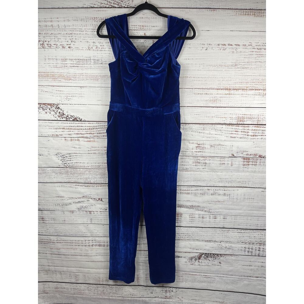 Adelyn Rae Jumpsuit Womens Medium Blue Velvet Draped Bodice Pockets Formal